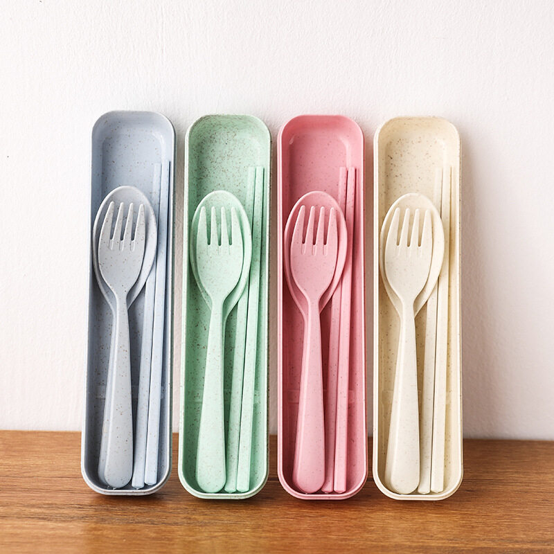 Environmental Portable Reusable Spoon Fork Travel Picnic Chopsticks Wheat Straw Tableware Cutlery Set With Carrying Box